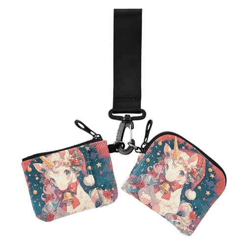 Niedliche Einhörner Weihnachten Damen Münzgeldbörse Kartenhalter kompakte Größe Karte Geld Halter mit Armband für Arbeit Reisen 2 Stück von siphylline