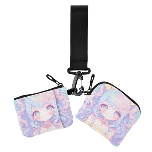 Niedliche einfache Anime-Mädchen, Damen, Geldbörsen, Kartenetui, kompakte Größe, Münzgeldbörse, Tasche mit Handgelenkschlaufe für Damen, 2 Stück von siphylline