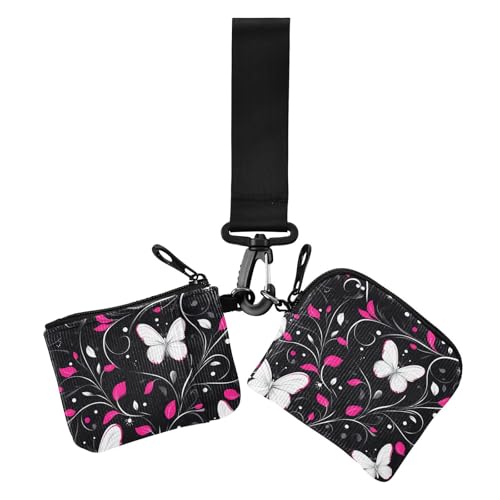 Pfirsichblüten Schmetterling Schwarz Damen Dual Wallet Visitenkartenetuis Kleine Abnehmbare Kleingeldbörse Geldbörse Geldbörse mit Reißverschlusstasche für Damen 2 Stück von siphylline
