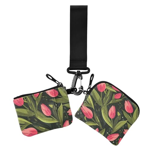 Pink Tulipa Green Leaves Flat Illustration Style Women's Change Wallet Card Cases Small Portable Business Card Case Money Organizer with Zipper Coin Pocket for Women 2 Packs von siphylline