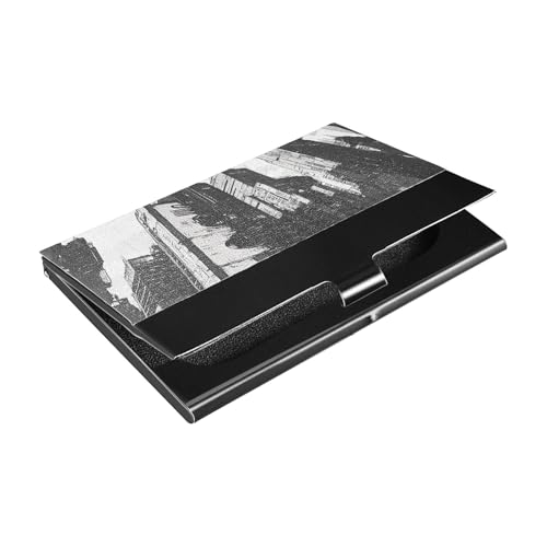 Punk Tall Buildings schwarzer schlanker Visitenkartenhalter mit Leder- und Edelstahlfach für Reisen, Zuhause oder Büro von siphylline