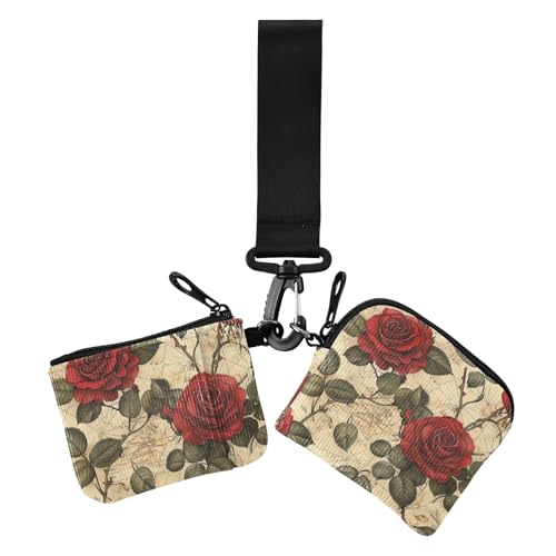 Retro Red Rose Damen Dual Wallets Visitenkartenetuis Slim Abnehmbare Kreditkartenetui mit Reißverschluss Münzfach für den täglichen Gebrauch, 2 Packungen von siphylline