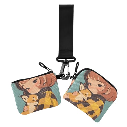 Retro Stoat Cute Anime Girl Damen Kartenetuis Kleingeldhalter Mini Fashion Damen Geld Organizer mit Armband für Frauen 2 Stück von siphylline