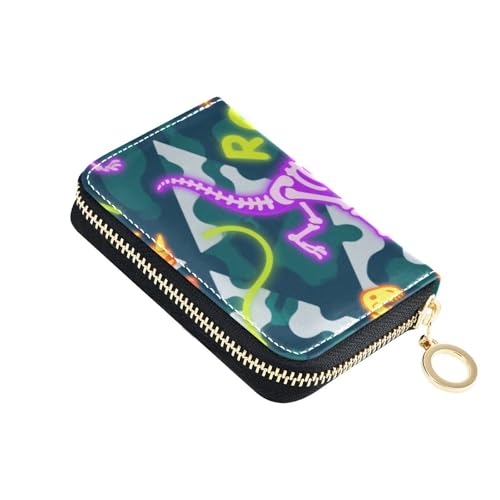 Roaring Dino Totenkopf Gelb Lila Camouflage Leder Damen Kartenetui Brieftasche mit 9 Kartenfächern RFID Blockierung Damen Kreditkartenetui mit Reißverschluss von siphylline