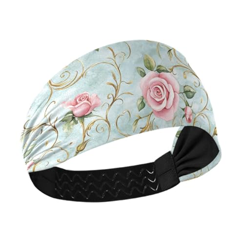 Roses goldene Blätter Pastell Retro kühlende niedliche Stirnbänder für Frauen elastische breite Stirnbänder für Frauenhaare zum Radfahren, Make-up, Fußball von siphylline