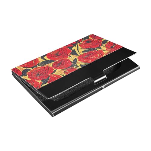 Schlankes Visitenkartenetui im Retro-Stil mit roten Rosen im Ölgemälde-Stil, mit Kartenhalter aus Leder und Edelstahl, für Geschäftstreffen von siphylline