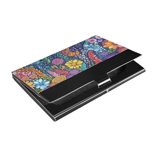 Schlankes Visitenkartenetui mit abstraktem Blumenmotiv und buntem Ölgemälde, mit Kartenhalter aus Leder und Edelstahl, für Geschäftstreffen von siphylline