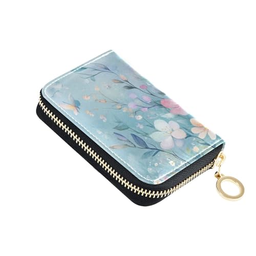 Schlichtes Kartenetui aus Leder mit 9 Kartenfächern, RFID-blockierend, mit Reißverschluss, Blumenblüte, Blau von siphylline