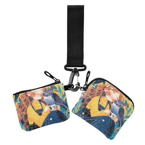 Süße Eule Illustration Anime Mädchen Damen Münzgeldbörsen Kartenetuis Kompakte Größe Münzgeldbörse Kleingeldhalter mit Schlüsselanhänger für Damen 2 Packungen von siphylline