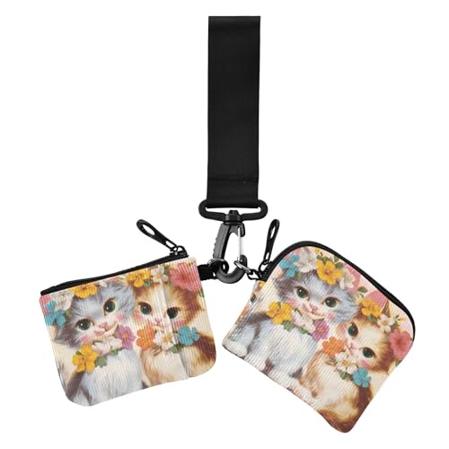 Vinrage Damen Münzbeutel im Retro-Stil mit Blumen, Katze, Kätzchen, Kartenhalter, dünn, flach, Kartenetui, Geldorganizer mit Schlüsselanhänger für Damen, 2 Stück Vinrage Damen Münzbeutel im Retro-Stil mit Blumen, Katze, Kätzchen, Kartenhalter, dünn, flach, Kartenetui, Geldorganizer mit Schlüsselanhänger für Damen, 2 Stück von siphylline