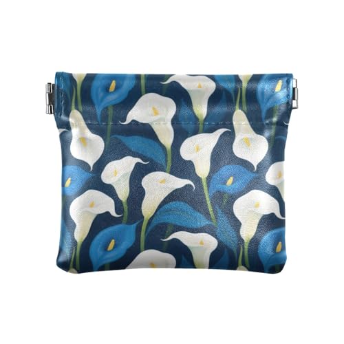 Weiße und blaue Calla-Lilien, Leder-Münzgeldbörse, einzigartige Mini-Kosmetiktasche für Damen, Weiße und blaue Calla-Lilien, 1 size, Modern von siphylline