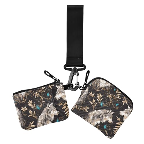 Wölfe goldene Blätter-Kartenetuis für Damen, Kleingeldhalter, klein, tragbar, Münzgeldbörse, Kleingeldhalter mit Schlüsselanhänger, für Damen, 2 Stück Wölfe goldene Blätter-Kartenetuis für Damen, Kleingeldhalter, klein, tragbar, Münzgeldbörse, Kleingeldhalter mit Schlüsselanhänger, für Damen, 2 Stück von siphylline