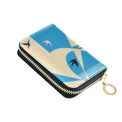 siphylline Abstrakte Kunst Schwalbe Blau Beige Leder Kreditkartenetui für Herren mit Cion Geldbörse RFID blockierendes Kartenetui Damen mit Reißverschluss von siphylline