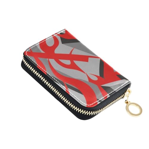 siphylline Abstraktes Kunst-Leder-Kartenetui für Herren, mit 2 Geldfächern, RFID-blockierendem Karten-Organizer mit Reißverschluss, Feuerrot/Grau von siphylline