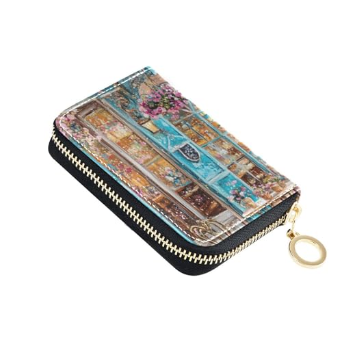 siphylline Beach Colloge Coffee Store Leder-Kartenetui für Damen, mit 2 Geldfächern, RFID-blockierendem Kartenhalter für Damen, mit Reißverschluss von siphylline