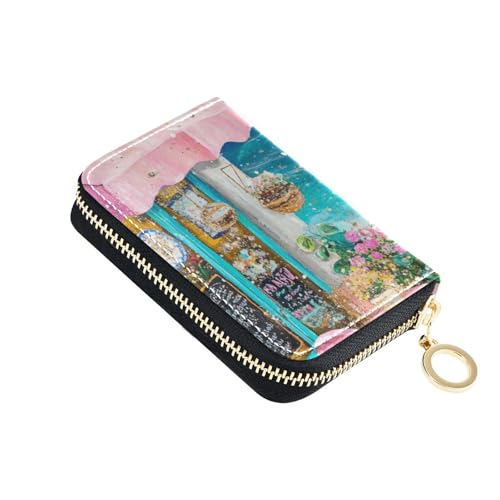 siphylline Beach Colloge Coffee Store Leder-Kartenetui für Damen, mit 9 Kartenfächern, RFID-blockierend, Kreditkartenetui mit Reißverschluss von siphylline