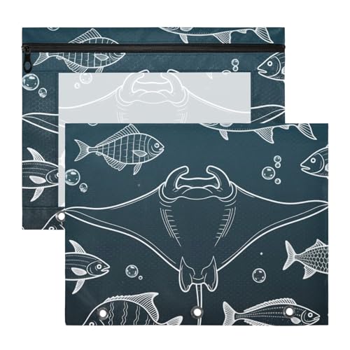 siphylline Binder-Federmäppchen, transparente Aufbewahrungstasche für 3 Ringe, 2 Stück, Studenten, Klassenzimmer, Unterwasser-Fischschnur, Zeichnung, Weiß, Dunkelblau von siphylline