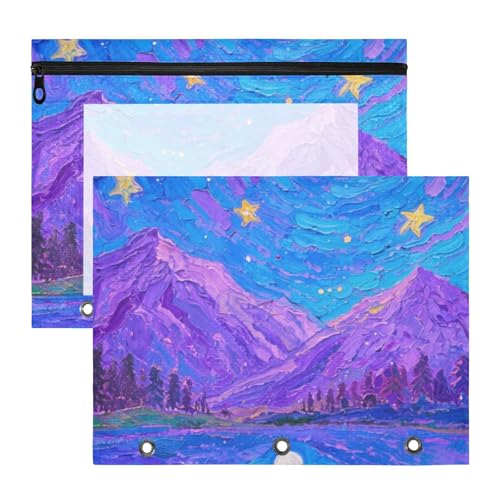 siphylline Binder-Federmäppchen, transparentes Fenster, 3 Ringe, Tasche für 3 Ringe, 2 Stück, Lehrer, Schulanfang, blau-violett, Sternenhimmel von siphylline
