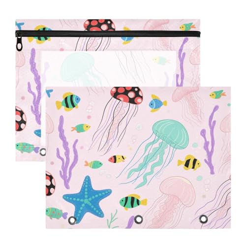 siphylline Binder-Federmäppchen mit Reißverschluss, 3-Loch-Tasche für 3 Ringe, 2 Stück, Studenten, College-Zubehör unter Ozean, Tiere, Quallen, Seestern, Rosa, bunt von siphylline