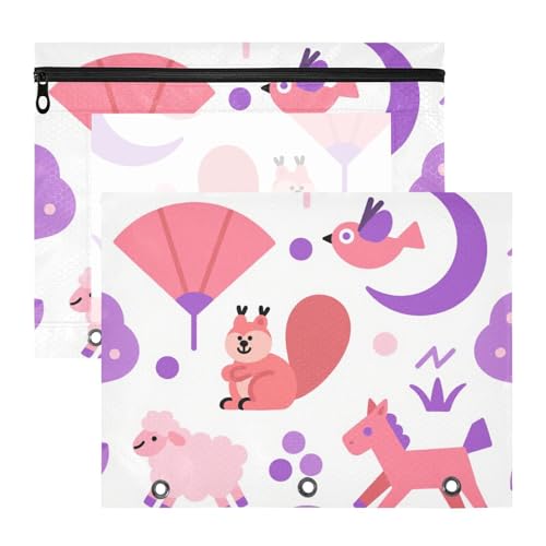 siphylline Binder-Federmäppchen mit glatten Reißverschlüssen, 3-fach Locher, für A4-Papier, Briefe, 2 Stück, Studenten, Schulanfang, Vektor-Tiere, Eichhörnchen, Violett/Rosa von siphylline