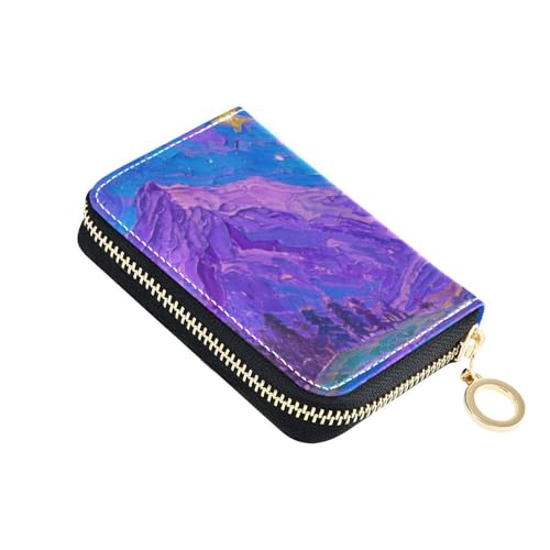 siphylline Blau-lila Sternenhimmel-Leder-Kartenetui mit 2 Geldfächern, RFID-blockierend, Herren-Kartenetui mit Reißverschluss von siphylline