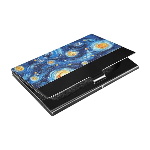 siphylline Blaues und gelbes Ölgemälde-Sternenhimmel-Visitenkartenetui mit Kartenhalter aus Leder und Edelstahl, modern für Reisen, Zuhause oder Büro von siphylline