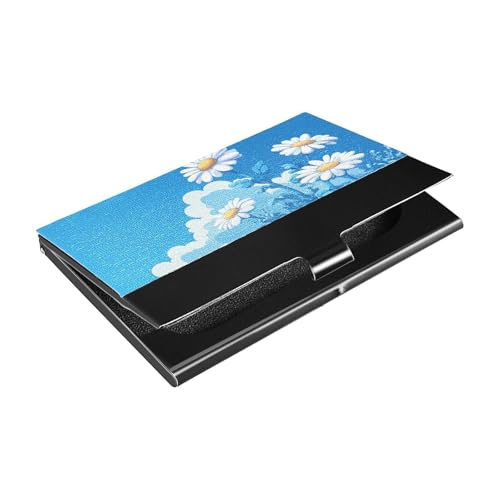 siphylline Blue Daisy Hello Sunshine Bloom Spring ultradünner kleiner Visitenkartenhalter mit Leder- und Edelstahl-Kartenhalter für Reisen, Zuhause oder Büro von siphylline