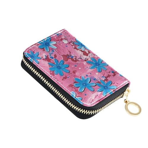 siphylline Blush Blue Daisies Leder-Kartenetui für Damen, mit 2 Geldfächern, RFID-blockierendem Kartenhalter mit Reißverschluss von siphylline