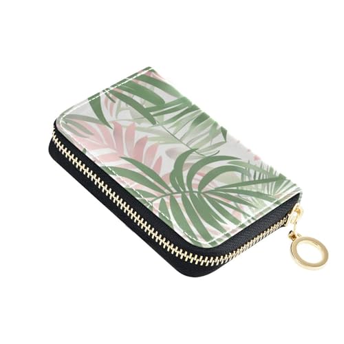 siphylline Blush and Green Palm Leaf Jungle Leder Kartenetui mit 9 Kartenfächern, RFID-blockierend, Kreditkartenetui für Herren mit Reißverschluss von siphylline