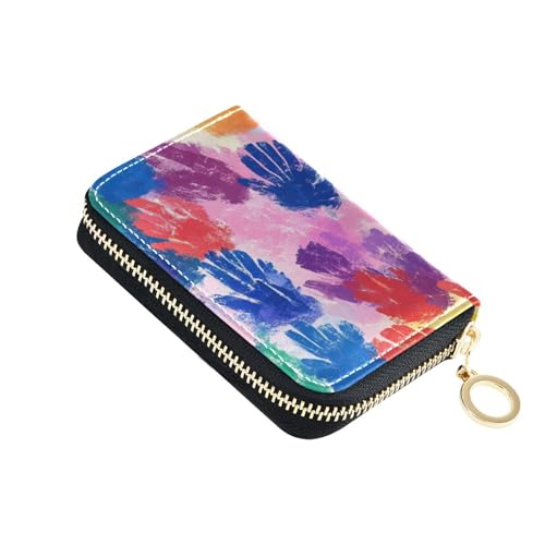 siphylline Bunte Handabdrücke Leder Damen Kartenetui Geldbörse mit 9 Kartenfächern, RFID-blockierend, Kreditkartenetui für Herren mit Reißverschluss von siphylline