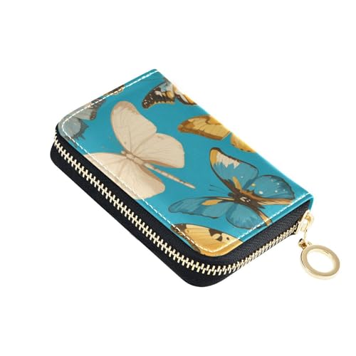 siphylline Bunte Schmetterlinge, blaugrünes Leder-Kartenetui für Damen, mit 2 Geldfächern, RFID-blockierend, Kreditkartenetui mit Reißverschluss von siphylline