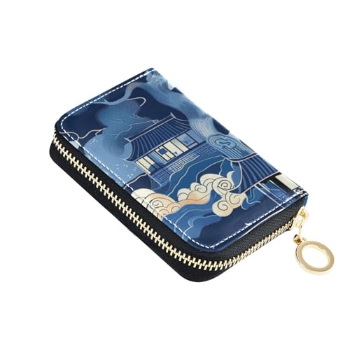 siphylline Chinesischer Stil, blaues Baumhaus, Leder, kleine Kreditkartenetui mit 9 Kartenfächern, RFID-blockierend, Damen-Kartenhalter mit Reißverschluss von siphylline