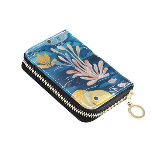 siphylline Farbenfrohes Fisch-blaues Leder-Kartenetui für Herren mit 2 Geldfächern, RFID-blockierendem Kartenhalter für Damen mit Reißverschluss von siphylline
