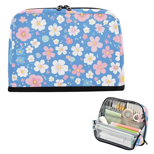 siphylline Federmäppchen, große Kapazität, Make-up-Tasche, große Münze für Herren, Schulbedarf, weiß, rosa, kleine Blumen, blauer Hintergrund von siphylline