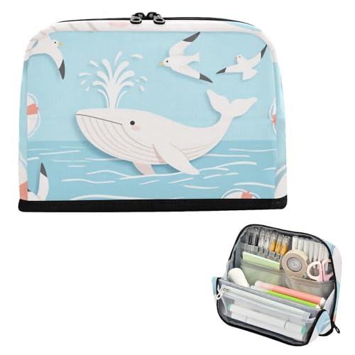 siphylline Federmäppchen, große Kapazität, Make-up-Tasche, stabile Organizer-Box für Erwachsene, Mittelschule, weiße Wale, blaue Wellen von siphylline