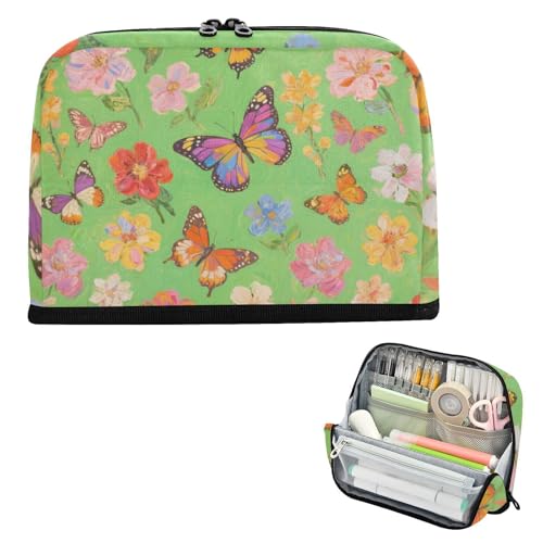 siphylline Federmäppchen, großes Fassungsvermögen, Make-up-Tasche, breite Öffnung, Schreibwaren-Organizer für Lehrer, Schulbedarf, bunte Blumen und Schmetterlinge von siphylline