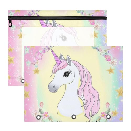 siphylline Federmäppchen, stabile Tasche mit 3 Ringen, für A4-Papier, Briefe, 2 Stück, Lehrer zurück in die Schule, verträumte Einhörner, magisch von siphylline