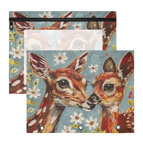 siphylline Federmäppchen, tragbar, 3 Ringe, Tasche für 3 Ringe, 2 Stück, Studenten, Klassenzimmer, Ölgemälde, Tier, Hirsch, Blumen, bunt von siphylline