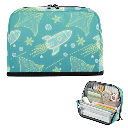 siphylline Federmäppchen Halter Große Kapazität Stifttaschen Hohe Kapazität Münzen für Mädchen Schule Kind Tier Manta Ray Fisch Raumschiff Grün Blau von siphylline