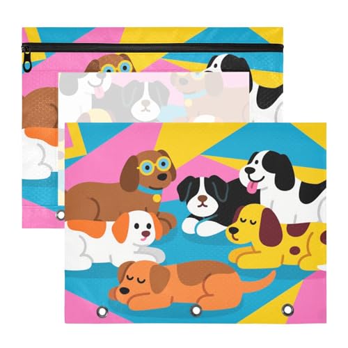 siphylline Federmäppchen mit 3 Löchern, Stifthalter für A4-Papier, Briefe, 2 Stück, Studenten, Zuhause, Cartoon, bunte Hunde von siphylline