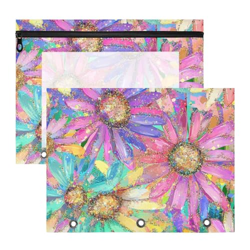 siphylline Federmäppchen mit glatten Reißverschlüssen, 3-Lochstanzer für 3-Ringe, 2 Stück, Studenten, Klassenzimmer, glänzender Schmuck, Gänseblümchen von siphylline