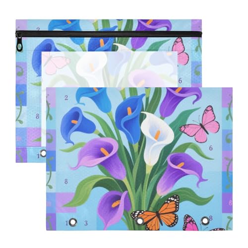 siphylline Federmäppchen mit glatten Reißverschlüssen, Aufbewahrungstasche für A4-Papierbriefe, 2 Stück, Studenten, Schulanfang, schöne blau-violette Calla-Lilien von siphylline