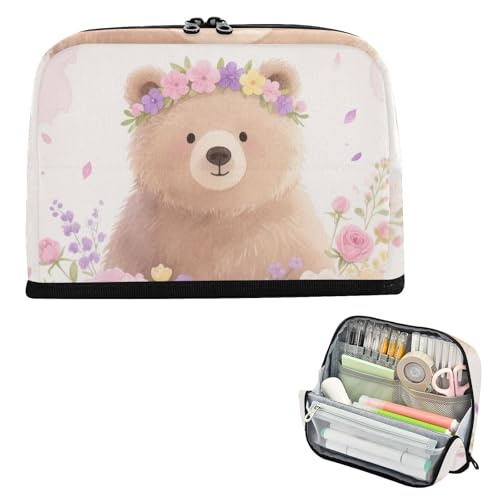 siphylline Federmäppchen mit großem Fassungsvermögen, Kosmetiktasche, breite Öffnung, Organizer-Box für Erwachsene, Reisen, Blumen, Pfirsichbär, Cartoon von siphylline
