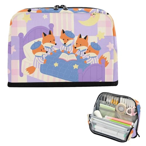 siphylline Federmäppchen mit großem Fassungsvermögen, Make-up-Tasche, Schreibwaren, Stifte-Tasche für Studenten, Schulbedarf, lila, kariert, Cartoon, Fuchs, Pyjama, Party von siphylline