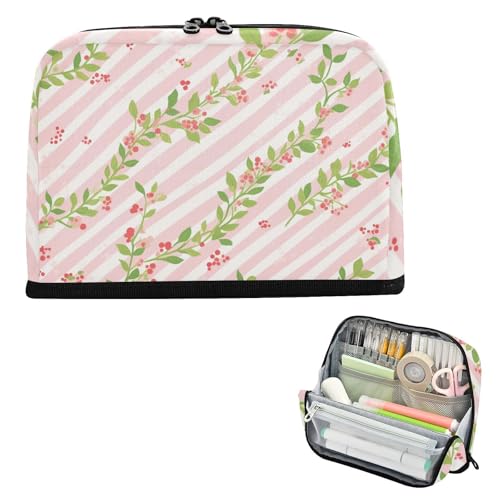 siphylline Federmäppchen mit großem Fassungsvermögen, Schreibtisch-Organizer für Kinder, Mittelschule, rosa-grünes Streifenmuster mit Blumen von siphylline