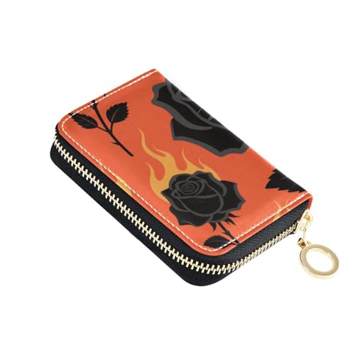 siphylline Fire Rose Kreditkartenetui für Damen, Leder, mit 2 Geldfächern, RFID-blockierend, mit Reißverschluss, Schwarz / Rot von siphylline