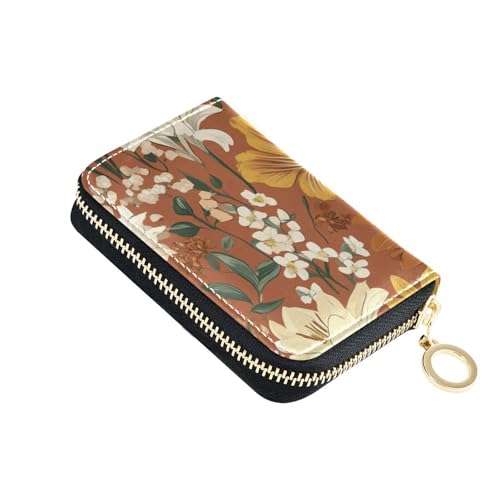 siphylline Florals Lily Calendul Freesia Kreditkartenetui aus Terrakotta-Leder, klein, mit 9 Kartenfächern, RFID-blockierend, Kartenhalter mit Reißverschluss von siphylline