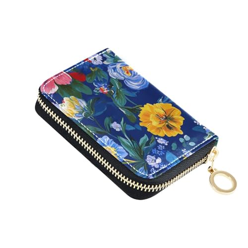 siphylline Florals Peonies Stiefmütterchen Amaryllis Leder-Kartenetui für Damen, mit 2 Geldfächern, RFID-blockierend, Kreditkartenetui mit Reißverschluss, Königsblau von siphylline