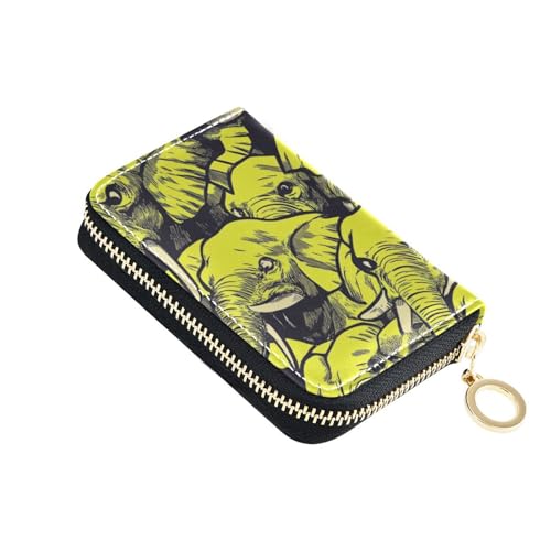 siphylline Gelbe Skizze Elefanten Leder Herren Kartenetui Geldbörse mit 9 Kartenfächern, RFID-blockierend, Damen-Kartenhalter mit Reißverschluss von siphylline