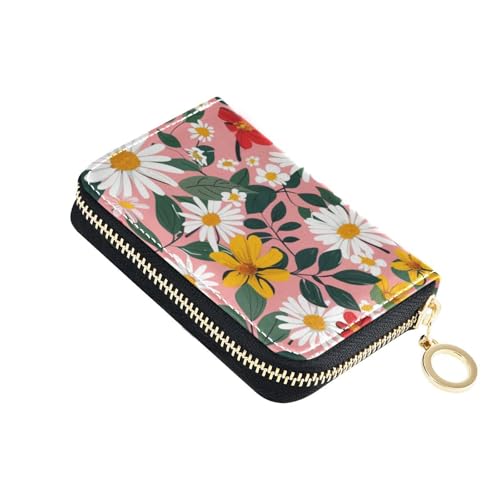 siphylline Grüne Blätter und Gänseblümchen Leder Kartenetui Damen mit Cion Geldbörse RFID blockierendes Kartenetui für Herren mit Reißverschluss von siphylline